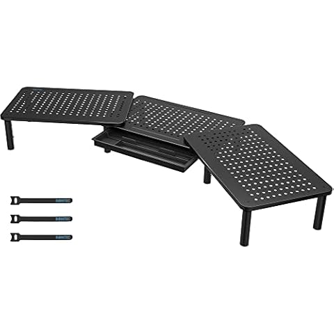 BONTEC Dual Monitorständer Erhöhung, 3 Höhenverstellbarer Monitor Stand mit Schublade, Mesh Platform Desktop Organizer Ständer für Laptop, Computer, iMac, PC, Drucker bis 20kg Cover