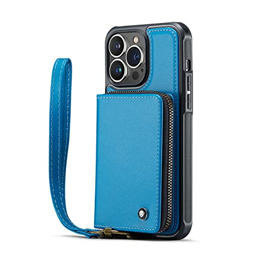 Étui portefeuille iPhone 13 Pro Max bleu en cuir et silicone avec porte-cartes