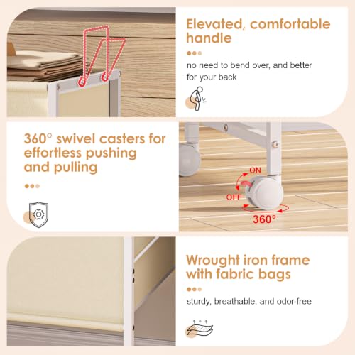 Image of Rolling Laundry Basket with Wheels,Large Capacity Laundry Basket Cart | 130L Fabric Clothes Hamper Organizer Cart for Laundry Room Bedroom Bathroom Dorm,White