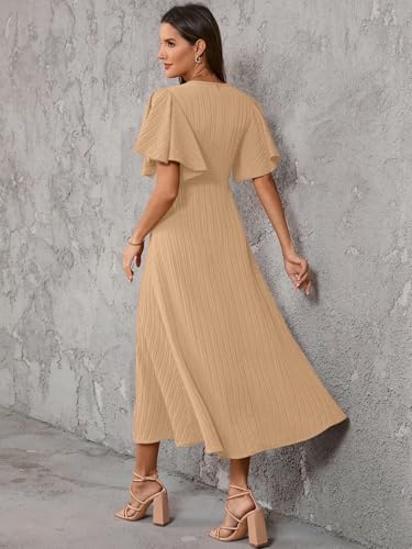 Image of Shasmi Girl's & Women's Pleated Midi Dress with Flutter Sleeves | V-Neck Western Dress for Women | Elegant A-Line Summer Outfit | Office & Casual Wear (Dress 244)