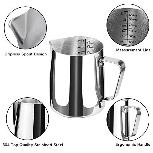 Stainless Steel Milk Frothing Pitcher Cappuccino Pitcher Pouring Jug Espresso Cup Creamer Cup for Latte Art, 20 Ounce (600 ML) - Thumbnail 5