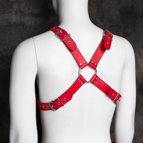 Punk Body Brust Harness für Herren - Leder Brustgurt, Gothic Kleidung Einstellbar, Sexy Sklave Bandage Kostüm, Schultergurt für Cosplay Nachtshow-Kostüm Clubwear (Rot)