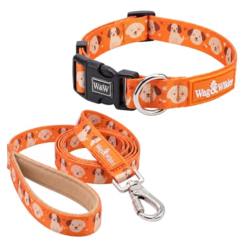 Image of Wag and Wilder Heavy Duty Dog Collar and 5 FT Leash Set for Large Dogs - Quick Release Buckle, Neoprene Padded Handle & Strong Metal Hook (Puppy Parade Orange)