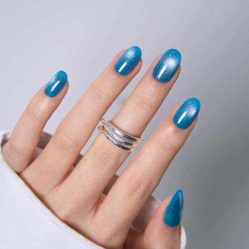 Image of CurvLife Short Oval Press On Nails, Blue, Lagoon Glow, Soft Gel