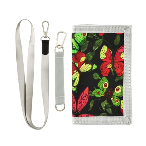 Butterflies Greenleaves Black Kids Wallet for Boys Girls Trifold Outdoor Sport Wallets for Youth Teen Child Wallet with Zippered Coin Pockets Card Holders Front Pocket Wallets with Magic Sticker