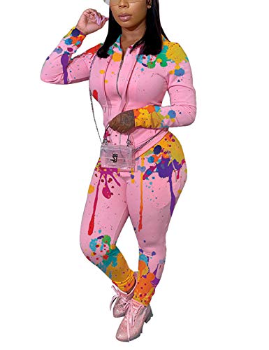 Jogger Sets for Women 2 Piece,Printing Tracksuit Long Sleeve Zipper Hoodie Jacket Sport Pants Outfit,Pink M