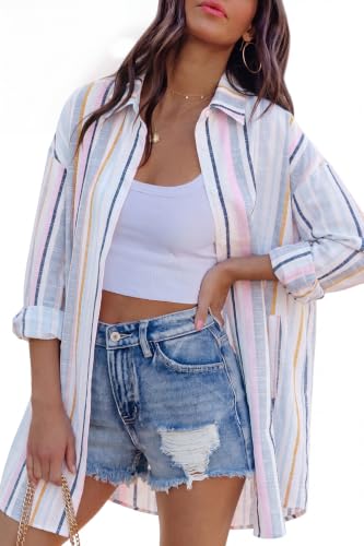 Image of FSHAOES Womens Oversized Button Down Shirts Casual Loose Long Sleeve Solid Lapel Long Blouses Tops with Pockets