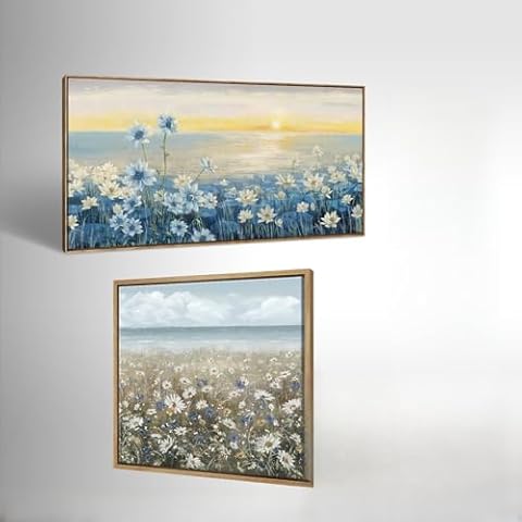 Framed Wall Art for Bedroom Décor Farmhouse Boho Beach Coastal Vintage Floral Ocean Wall Picture 24x24" and Large Framed Bedroom Wall Art, Modern Beach Coastal Ocean Nature Blue Artwork 48x24 Cover
