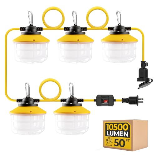 Hyanglux ES06 Outdoor Construction Led String Lights With Switch: 50Ft 75W 10500Lm Etl Certified Super Bright Industrial Temporary Lighting Hanging Ip65 Waterproof Work Light cover