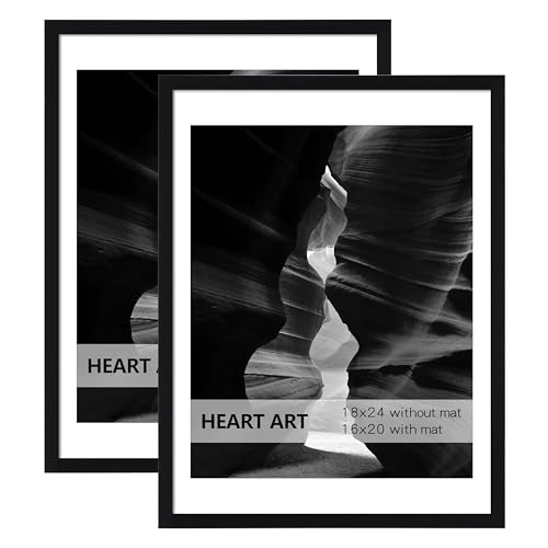 HEART ART 18x24 Frame with Mat, Black Poster Frame, Display Pictures 16x20 with Mat or 18 x 24 Without Mat,18x24 Picture Frame for Wall Mounting,2 Pack
