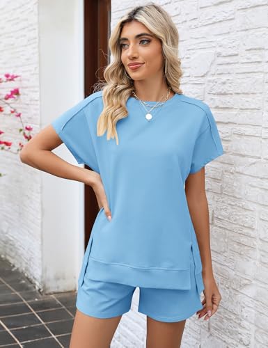 Image of LOMON Womens 2 Piece Outfits Sweatsuits Short Sleeve Loungewear Shorts Sets | Womens Fashion 2 Piece Outfits Sweatsuits 2026 Short Sleeve Summer Loungewear Tracksuit Round Neck Lounge Shorts Sets