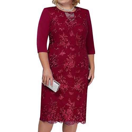 Haoricu Plus Size Dress For Women Wedding Guest Summer, Lace Half Sleeve Knee Loose Straight Length Cocktail Swing Dress Red #TOP3