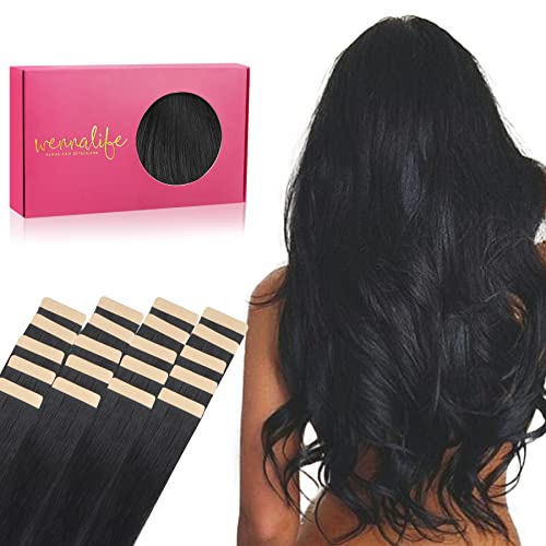 Wennalife Tape in Hair Extensions Human Hair, 20pcs 22 Inch 50g #1 Jet Black Remy Human Hair Extensions, 1-Tape#1 Jet Black