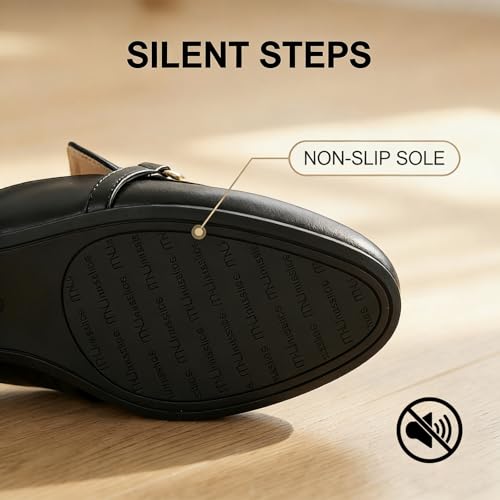 Image of MUSSHOE Gold Buckle Mules for Women - Comfortable Memory Foam Loafers, Classy Slip On Flats for Office Business Casual, Dressy Pointed Toe Shoes