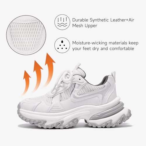 Image of BEAU TODAY Chunky Sneakers for Women, Womens Fashion Sneakers, Lightweight Leather Sneakers for Women, Comfortable Casual Lace-Up Breathable Dad Shoes