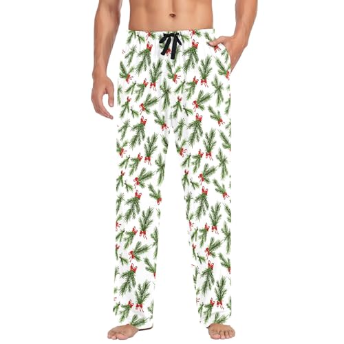 Mens Cotton Pajama Pants Sleep Lounge Pj Bottoms Sleepwear with Pockets Drawstring S Christmas Green Bow