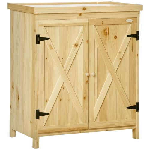 Outsunny Armoire de Jardin, Armoire de Rangement de Jardin, avec Plateau en métal galvanisé étagère Double Porte avec poignée Pieds surélevés en Bois...
