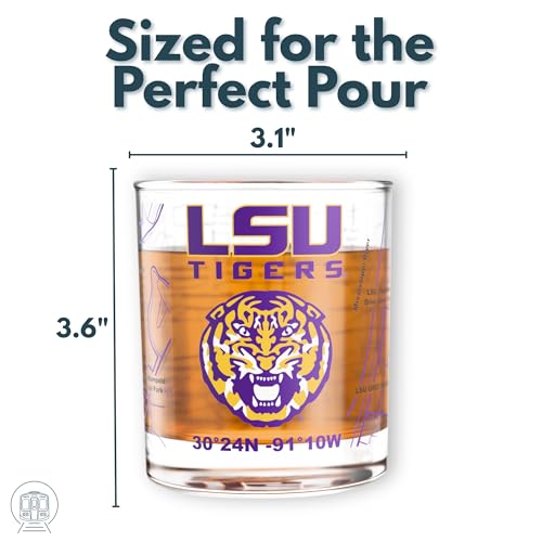 Image of Greenline Goods - University of LSU Tigers College Whiskey Glasses (Set of 2), 10 oz - Full-Color Logo + Campus Map