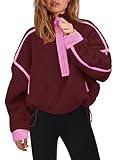 Panadila Womens Half Zip Sherpa Fleece Pullover Soft Oversized Sweatshirt with Pockets Warm Fuzzy Sweater, Burgundy, Medium