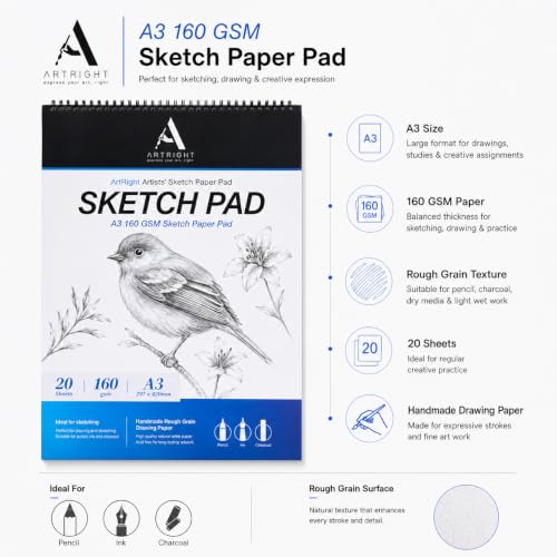 Image of ArtRight Artists' Sketch Paper Pad A3 160 GSM - 20 Sheets of Handmade Rough Grain Drawing Papers, Ideal for Artist, Professional Drawing, Painting Dry & Wet, Fine Art, School, Student