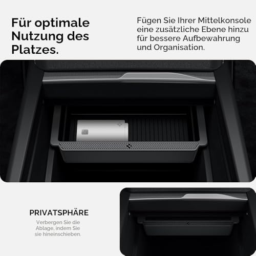 Spigen Tesla Model Y Juniper (Nur Premium & Performance 2025/26) Model 3 Highland (Standard, Premium & Performance 2024/25/26) Mittelkonsole Organizer, Aufbewahrungsbox Armlehnenablage Zubehör-Carbon