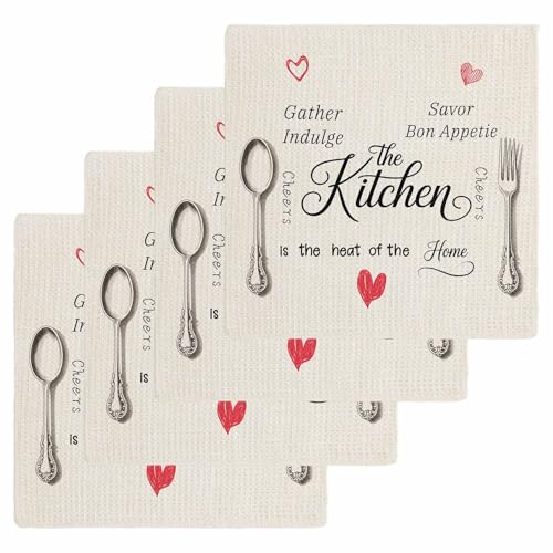 Beige Retro Waffle Kitchen Towels Set of 4, 12"x12