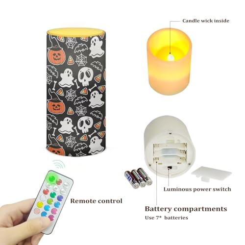 Image of Poceacles Cartoon Ghost Skull Pumpkin Bat LED Flameless Candles Battery Operated Candles with Remote Control Timer Violet Blue Flickering Wick Pillar Tealight for Halloween Decor