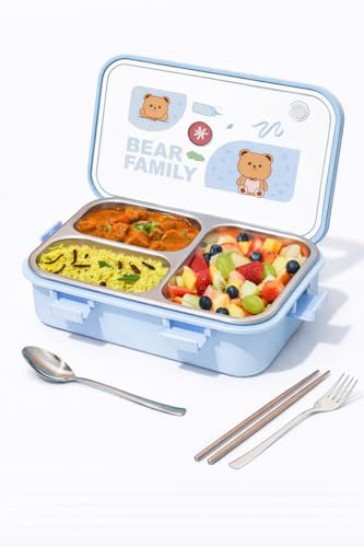 Image of Brand Conquer Lunch Box Leak-Proof BPA Free Stainless Steel for School, Lunch Box for School & Office with a Fork, a Spoon and a Pair of Chopsticks (Blue, Bear Family 3 Compartment)