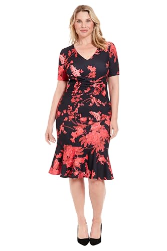 London Times Women's Dresses Women's Floral Print Midi Dress - V-Neck Short Sleeve Gathered Waist Flounce Hem - Cocktail Wedding Guest Business Casual Dresses, Black/Hot Coral, 14