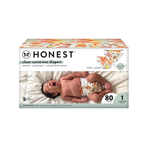 Image of The Honest Company Clean Conscious Diapers | Plant-Based, Sustainable | Fall '22 Prints | Club Box, Size 1 (8-14 lbs), 80 Count