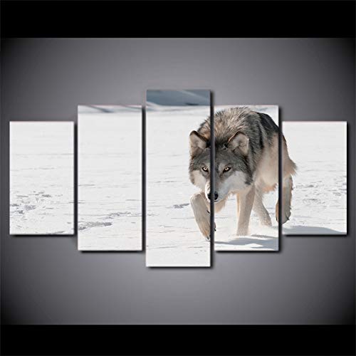 GHTAWXJ HD Impreso 5 Piezas Canvas Art Snow Wolf Painting Animal Wall Pictures para Sala de Estar Moderna
