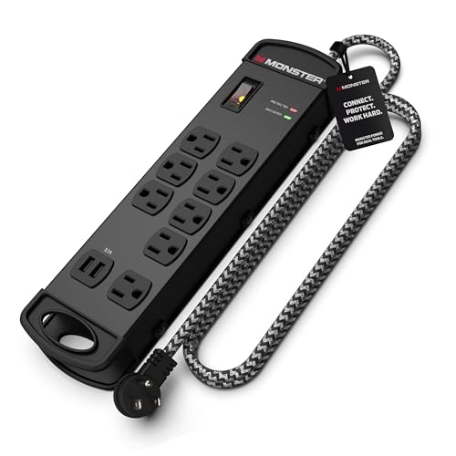 Monster Surge Protector Power Strip Pro MI w/ 1960 Joules Rating — 8-Outlet, 2 USB-A with Extension Cord — Fireproof MOV, Dual Mode, Clean Power for Recording & Production Gear (15FT Cord, Black)