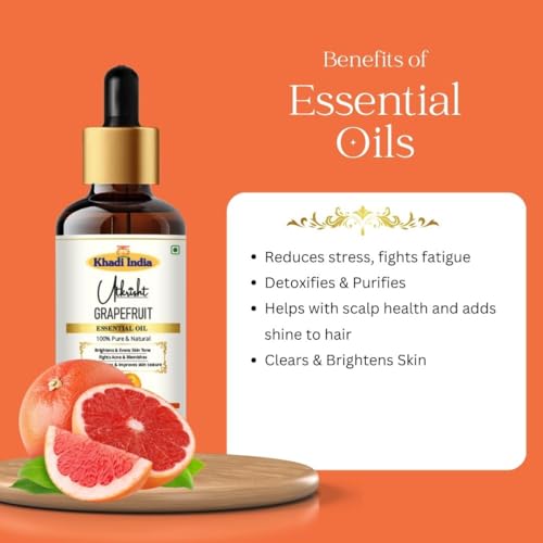 Image of Khadi Grapefruit Essential Oil 15ml | Pure & Natural Oil for Aromatherapy, Skin & Hair Care, Muscle, Joint Massage, Relaxation | Soap Making & DIY | Suitable for All Skin Types | Men & Women
