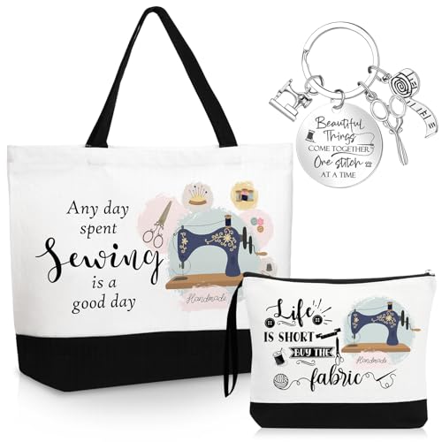Dansydaisy 3 Pcs Sewing Lover Gift for Women Quilters Canvas Tote Bag Travel Cosmetic Bags Keychain Portable Makeup Zipper Pouch with Handle Funny Sew Shopping Birthday Mother Day Gift for Mom Grandma