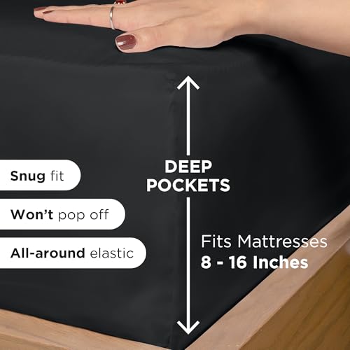 Image of ROYALE LINENS 3 Piece Twin Sheets Set - Soft Brushed 1800 Microfiber Bedding - 1 Fitted and 1 Flat Sheet, 1 Pillow case - Wrinkle Free & Fade Resistant - Hotel Luxury Bed Sheets Set (Black, Twin)