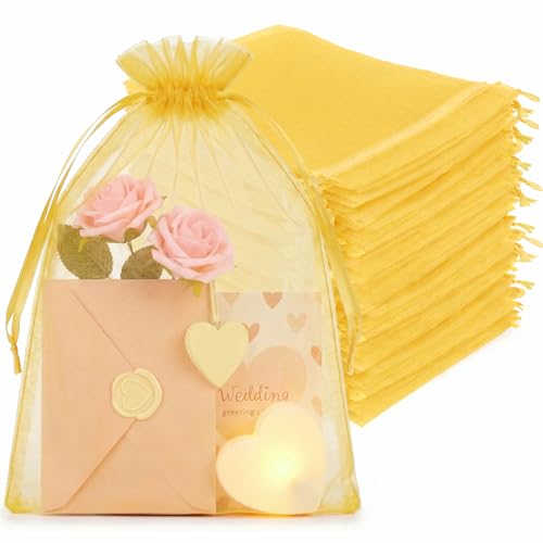 Crweety 50PCS Gold Organza Bags 8x12 Mesh Bags Drawstring for Gifts Treats Wedding Favors Goodie Makeup Soap Sachet Large Gift Bag Pouches Bulk for Birthday Graduation Baby Shower Party Favors
