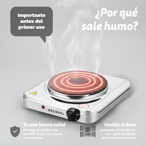 Grunkel - EHP-118 - Hornillo Eléctrico de 18,5cm de Placa. Cocina Eléctrica portátil ideal para Caravanas, Camping o Cocinas Pequeñas - 1500W - Metal forjado – Blanco (1 Inox 1500W) - imagen 2