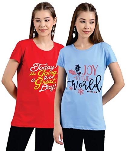Image of KOTTY 2Pc Women's Printed T-Shirt (D-Red&SkyBlue,S)