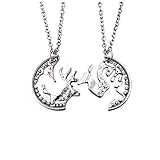 Love Elk Interlocking Necklace Set for Women Men Couples Stainless Steel Quarter Coin Deer Heads Pendant Chain Relationship Necklaces Valentine Anniversary Jewelry Gift for Friends
