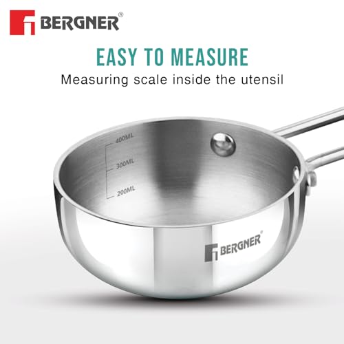 Bergner TriPro TriPly Stainless Steel 12cm Tadka Pan, 500ml Capacity, For Spice Tempering/Seasoning, Long Wire Handle, Laser-Etched Scale, Smooth... - Image 6