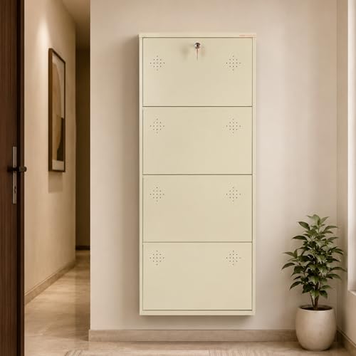 Image of 4 Door Wall Mounted Metal Shoe Rack Cabinet with Lock | Space Saving Shoe Storage Cabinet | Dustproof & Ventilated Shoe Organizer for Home, Entryway, Bedroom & Balcony | Ivory | 52 x 21 x 6 Inch