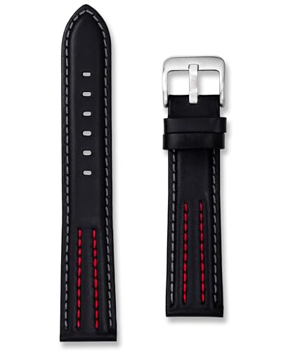 Leather Racing Stripe Watch Strap | Premium Replacement Black Wristwatch Band | 22 mm Red Stitching | Men Ladies Sports Watchstrap | Spring Bars and Tool Included (Red Stitching, 22mm)