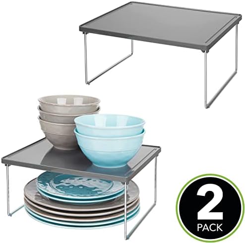 mDesign Set of 2 Kitchen Storage Shelf  Display Shelf for Kitchen Cupboards and Worktops  Free-Standing Kitchen Shelf for Storing Food, Tins, Dishes and More  Grey/Chrome