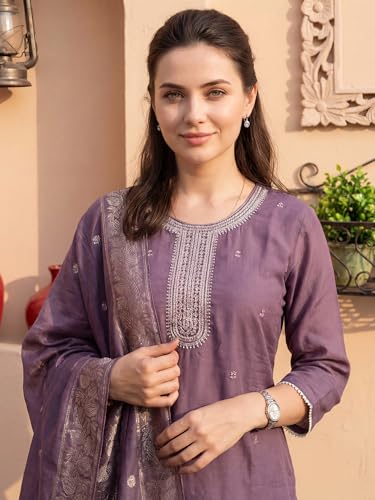 Image of INDO ERA Women's Viscose Self Design Straight Kurta with Pant & Dupatta Set