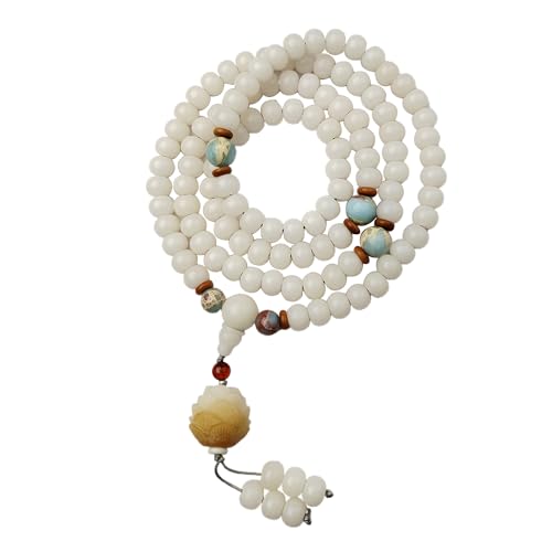 Natural White Bodhi Seed 108 Mala Beads Bracelet for Women with Lotus/Praying Hands Buddhist Prayer Beads Necklace