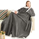 Ramees Sherpa Wearable Blanket with Sleeves and Pockets, Soft Warm TV Blanket Throw for Men and Women