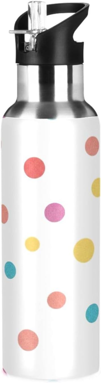 Colorful Polka Dots White Insulated Stainless Steel Water Bottle with Straw 32 Oz Leakproof Water Bottles, BPA-Free Sports Water Bottle