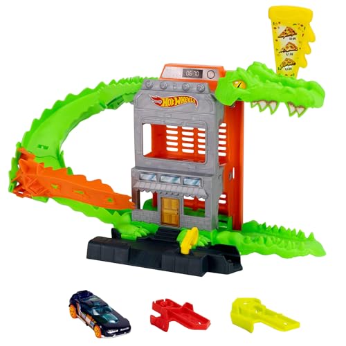 Pista Hot Wheels Croc Pizza Attack para evitar que el caimán coma el coche 6