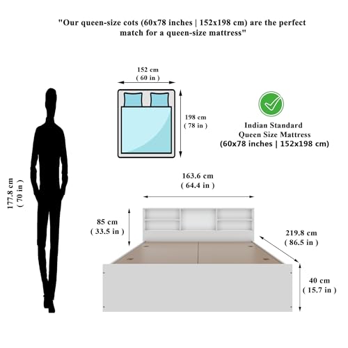 Image of VIKI Utility Queen Size Bed with Storage (78x60) | Engineered Wood Wooden Bed Frame for Bedroom | Modern Box Storage Cot | Frosty White Finish | Free Assembly | 1 Year Warranty