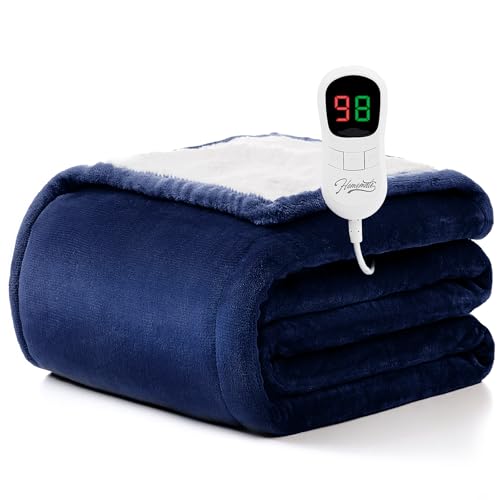 HomeMate Heated Blanket Electric Throw - 50/''x60/'' Heating 1/2/4/6/8 Hours Auto-Off 10 Heat Level Over-Heat Protection Flannel Sherpa Heater ETL Certification, Blue